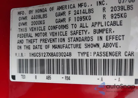 2008 Honda Accord 2.4 Ex from USA, damaged, VIN 1HGCS127X8A030248
